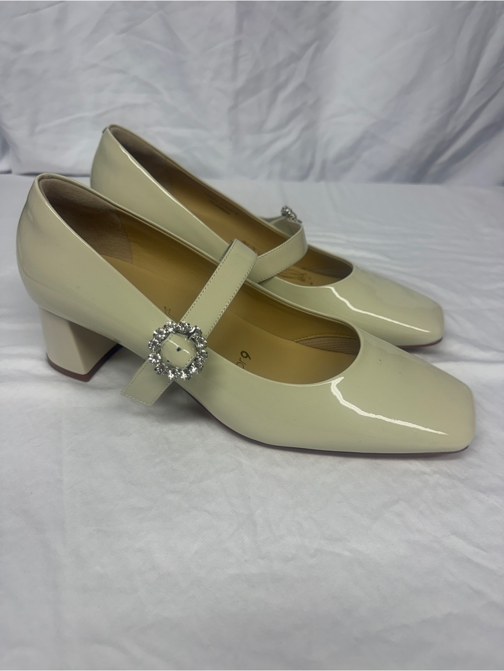7or9 Ivory Patent Mary Jane Block Heel Pumps with Rhinestone Buckle